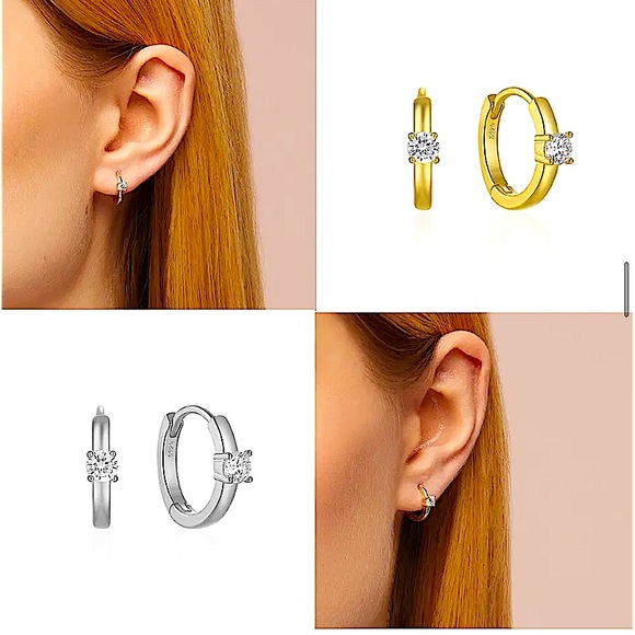 Sterling Silver Diamond Hoop Huggie Minimalist Earrings - Picture 4 of 4